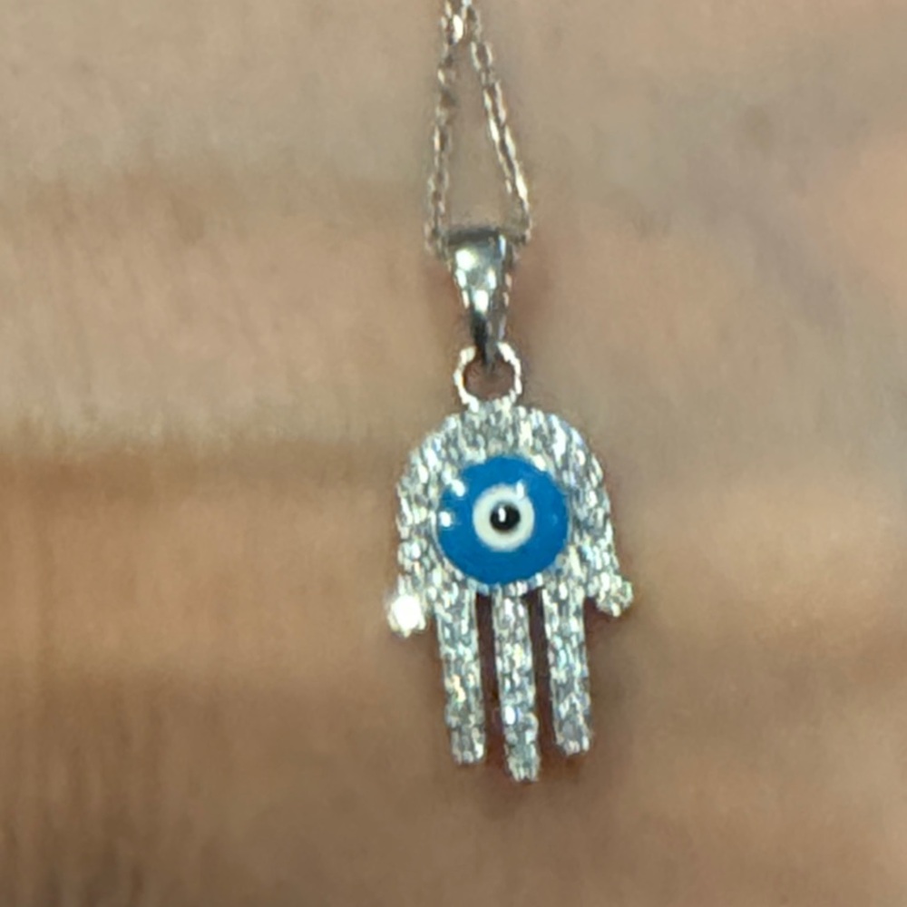 925 sterling silver hamsa Hand Necklace with Blue Evil Eye